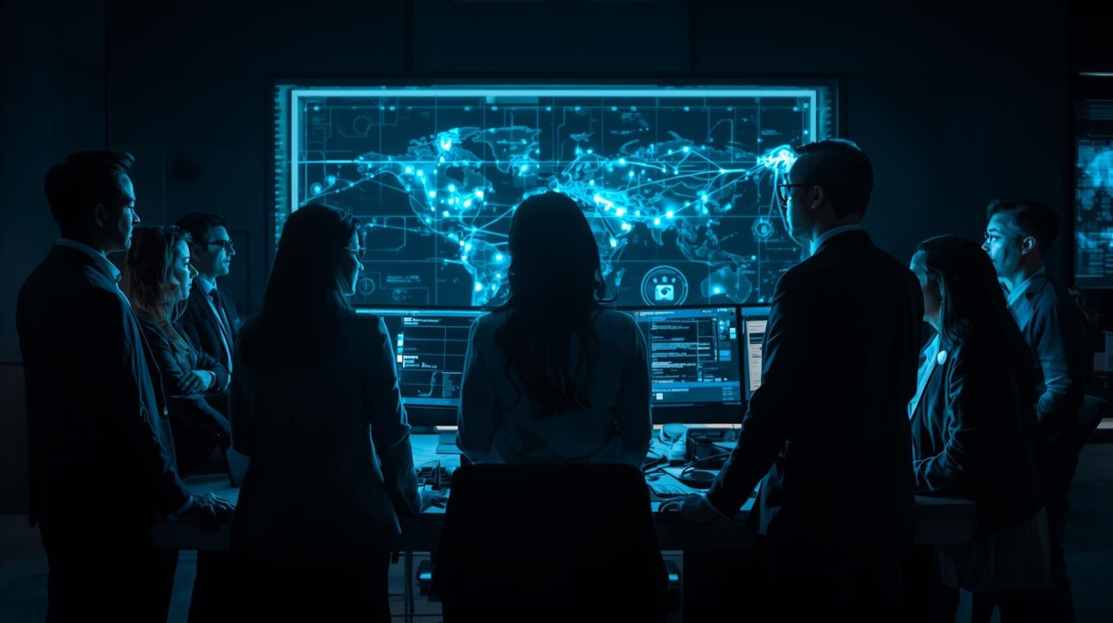 A diverse team of professionals collaborates in a modern workspace, analyzing a digital threat map that symbolizes focused, strategic cybersecurity defense.