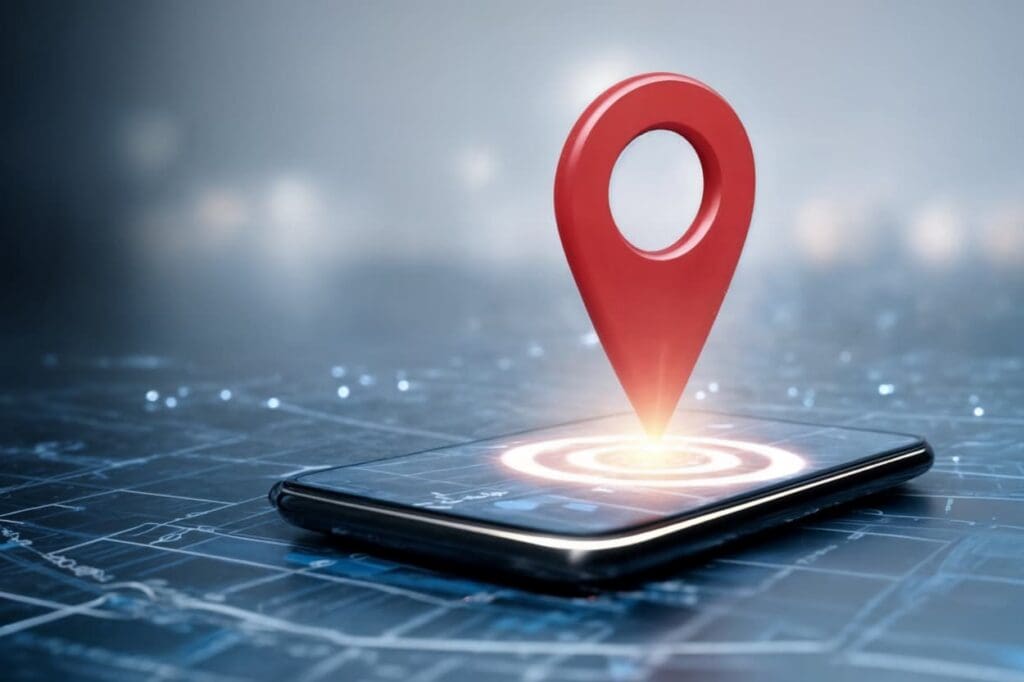 Red location pin on phone screen showing traceable digital behavior in the AI era.