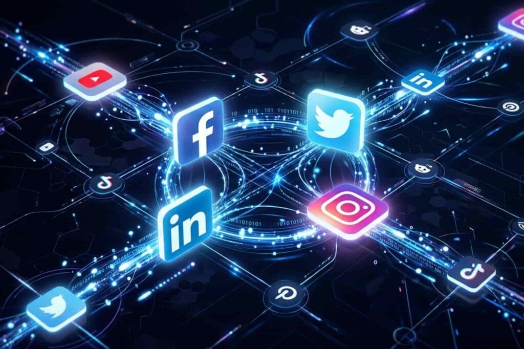 Digital art of glowing social media icons interconnected by vibrant blue and white data streams.