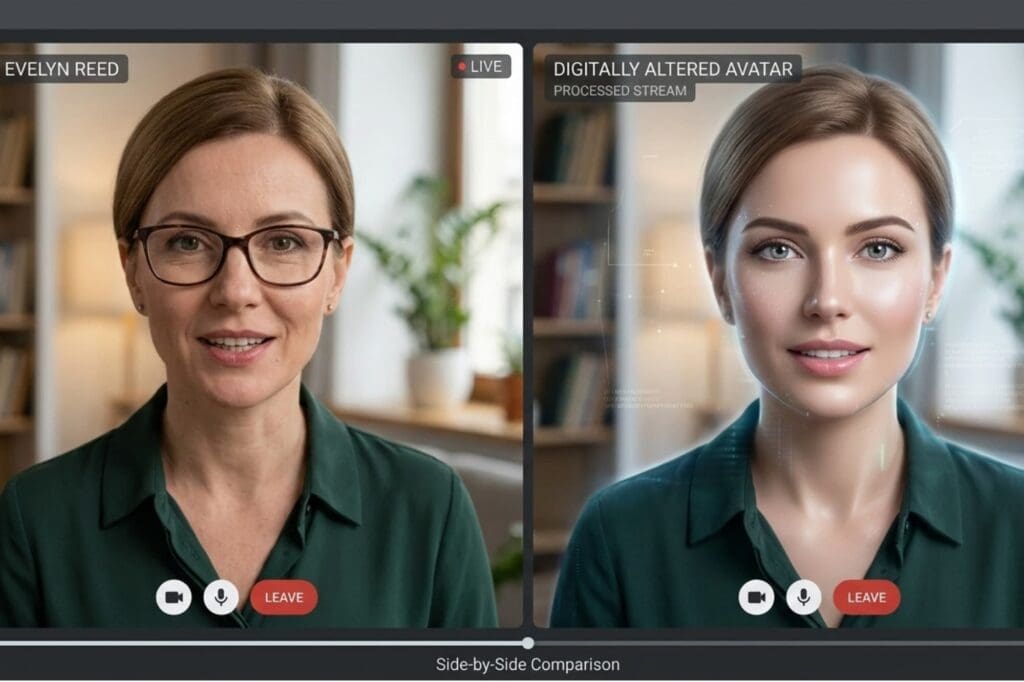 Split-screen video call interface showing a real woman on the left and her digitally smoothed, AI-altered version on the right.