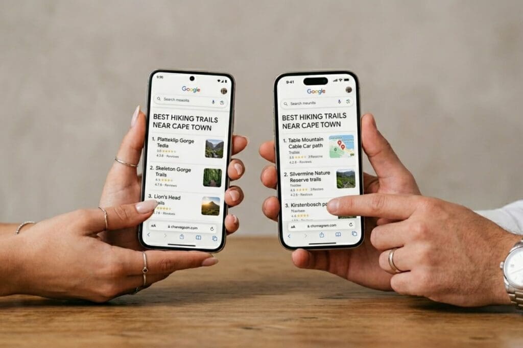 Two pairs of hands hold up smartphones side-by-side, displaying Google search results for "Best Hiking Trails Near Cape Town" with list entries and map views.